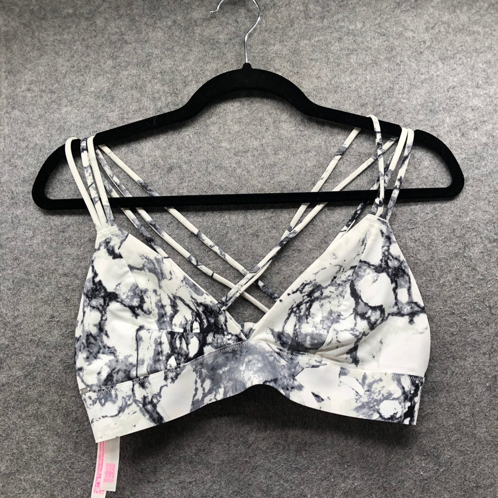 PINK Victoria Secret Bralette L White Black Marble Strappy Back Wireless